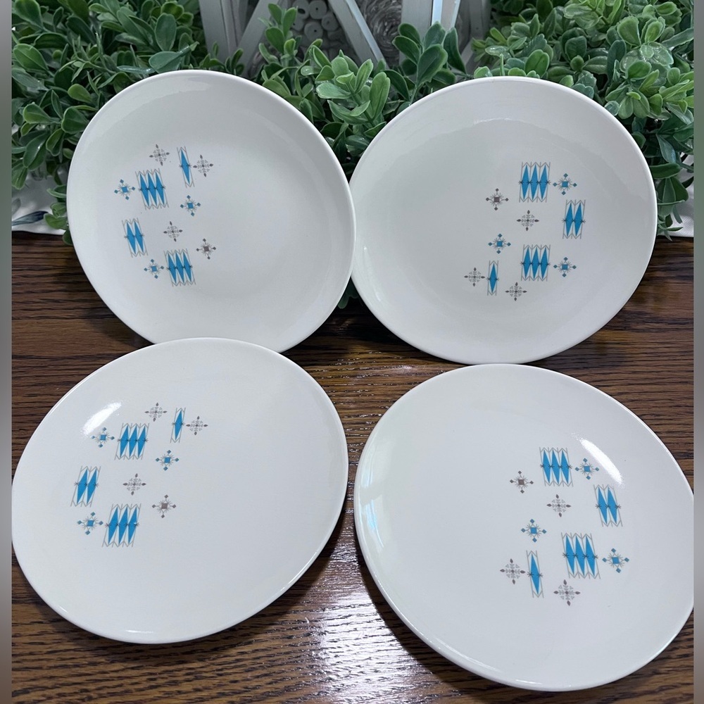 Set of 4 Mount Clemens 1950s MCM Atomic Blue Aqua Small 6" Dessert Side‎ Plates